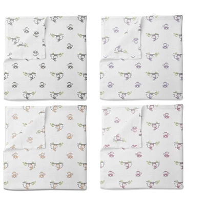 Bacati - Happy Monkeys Pink/Lilac/Gray Girls Muslin Swaddling Blankets Set Of 4 3 Bacati - Happy Monkeys Pink/Lilac/Gray Girls Muslin Swaddling Blankets Set Of 4