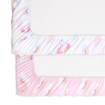 The Peanutshell Fitted Playard Sheets For Baby Girls' - Pink Unicorn And Rainbow - 2pk 7 The Peanutshell Fitted Playard Sheets For Baby Girls' - Pink Unicorn And Rainbow - 2pk - Image 5