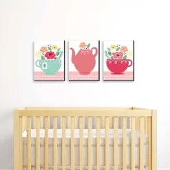 Big Dot Of Happiness Floral Let's Par-Tea - Garden Tea Party Nursery Wall Art And Kids Room Decor - 7.5 X 10 Inches - Set Of 3 Prints
