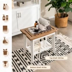 Costway 20'' X 13'' Heavy Duty Waterproof HDPE Shower Bench 2-Tier Bath Spa Stool Off White & Brown -Baby World Shop GUEST 251ff8ce 89ec 41c8 add3 317f0619b991