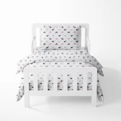 Bacati - Little Sailor Girls Whales/Boats Muslin 4 Pc Toddler Bedding Set