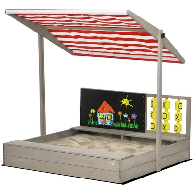 Outsunny Kids Sandbox With Adjustable Canopy, Bench Seats Wooden Sandbox, Backyard Toy With Chalkboard, Tic Tac Toe Game, Gift For Ages 3-7 5 Outsunny Kids Sandbox With Adjustable Canopy, Bench Seats Wooden Sandbox, Backyard Toy With Chalkboard, Tic Tac Toe Game, Gift For Ages 3-7 - Image 3