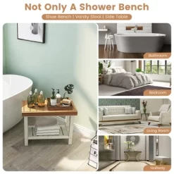 Costway 24'' X 12'' Heavy Duty Waterproof HDPE Shower Bench Stool With Storage Shelf Off White & Brown -Baby World Shop GUEST 7356fac4 d5d8 4838 9511 0e83917af736