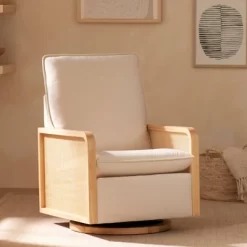 Babyletto Sumba Swivel Glider With Cane - Performance Cream Eco-Weave/Light Wood Base