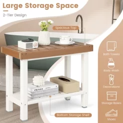 Costway 24'' X 12'' Heavy Duty Waterproof HDPE Shower Bench Stool With Storage Shelf Off White & Brown -Baby World Shop GUEST 7fca62f0 d8fb 42f8 9848 fece4eb36ef7