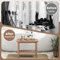 Costway 21'' Teak Wood Shower Bench 2-Tier Waterproof Bath Spa Stool With Storage Shelf -Baby World Shop GUEST 82137c02 dc59 4acc 9768 8802e65fd18f