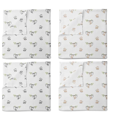 Bacati - Happy Monkeys Green/Gray/Beige Unisex Muslin Swaddling Blankets Set Of 4 3 Bacati - Happy Monkeys Green/Gray/Beige Unisex Muslin Swaddling Blankets Set Of 4