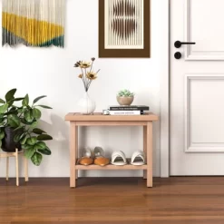 Costway 21'' Teak Wood Shower Bench 2-Tier Waterproof Bath Spa Stool With Storage Shelf -Baby World Shop GUEST 9718ef1a 0c46 4164 83f2 bd9daf911683