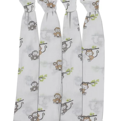 Bacati - Happy Monkeys Green/Gray/Beige Unisex Muslin Swaddling Blankets Set Of 4 4 Bacati - Happy Monkeys Green/Gray/Beige Unisex Muslin Swaddling Blankets Set Of 4 - Image 2