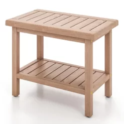 Costway 21'' Teak Wood Shower Bench 2-Tier Waterproof Bath Spa Stool With Storage Shelf -Baby World Shop GUEST d729e85f 7602 47e8 b5b7 4c4d90fec8db
