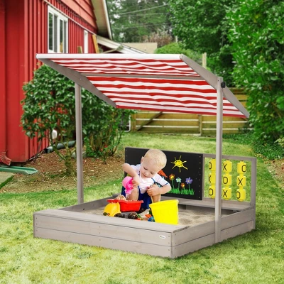 Outsunny Kids Sandbox With Adjustable Canopy, Bench Seats Wooden Sandbox, Backyard Toy With Chalkboard, Tic Tac Toe Game, Gift For Ages 3-7 4 Outsunny Kids Sandbox With Adjustable Canopy, Bench Seats Wooden Sandbox, Backyard Toy With Chalkboard, Tic Tac Toe Game, Gift For Ages 3-7 - Image 2