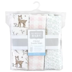 Hudson Baby Infant Girl Quilted Cotton Swaddle Wrap 3pk, Enchanted Forest, 0-3 Months