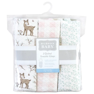 Hudson Baby Infant Girl Quilted Cotton Swaddle Wrap 3pk, Enchanted Forest, 0-3 Months 3 Hudson Baby Infant Girl Quilted Cotton Swaddle Wrap 3pk, Enchanted Forest, 0-3 Months