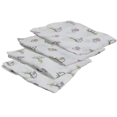 Bacati - Happy Monkeys Pink/Lilac/Gray Girls Muslin Swaddling Blankets Set Of 4 5 Bacati - Happy Monkeys Pink/Lilac/Gray Girls Muslin Swaddling Blankets Set Of 4 - Image 3